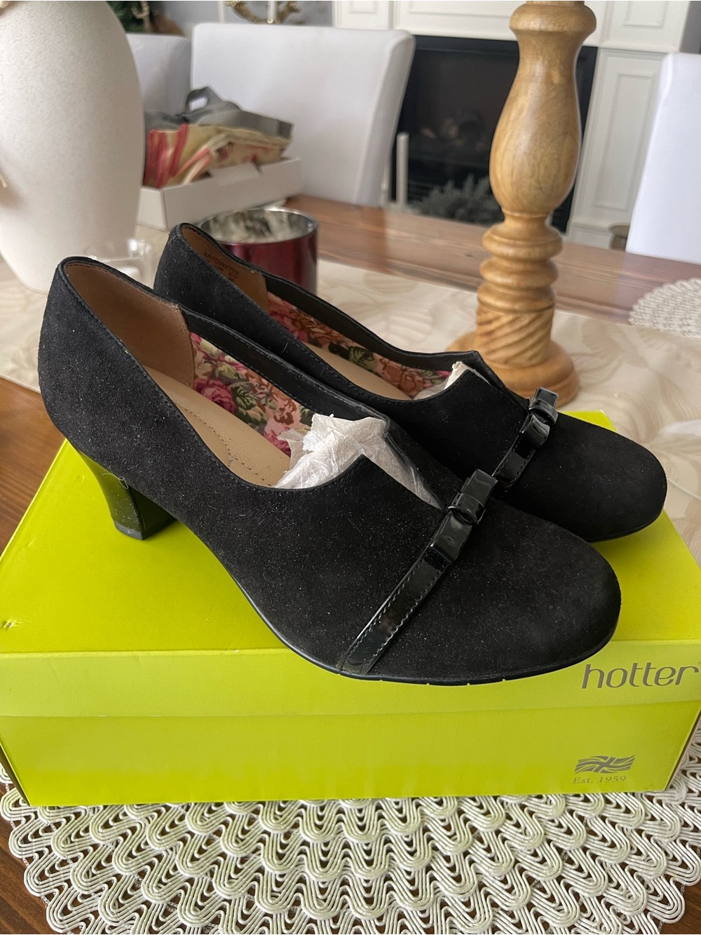hotter Black Suede Mid Heel Pumps with Patent Bow